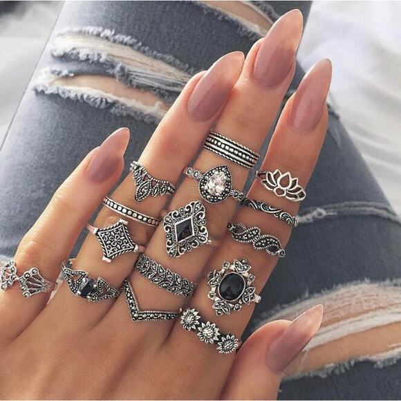 15 Piece Ring Set Boho Silver Stackable Flower Lotus Crystal Gemstone Carved - Picture 1 of 1